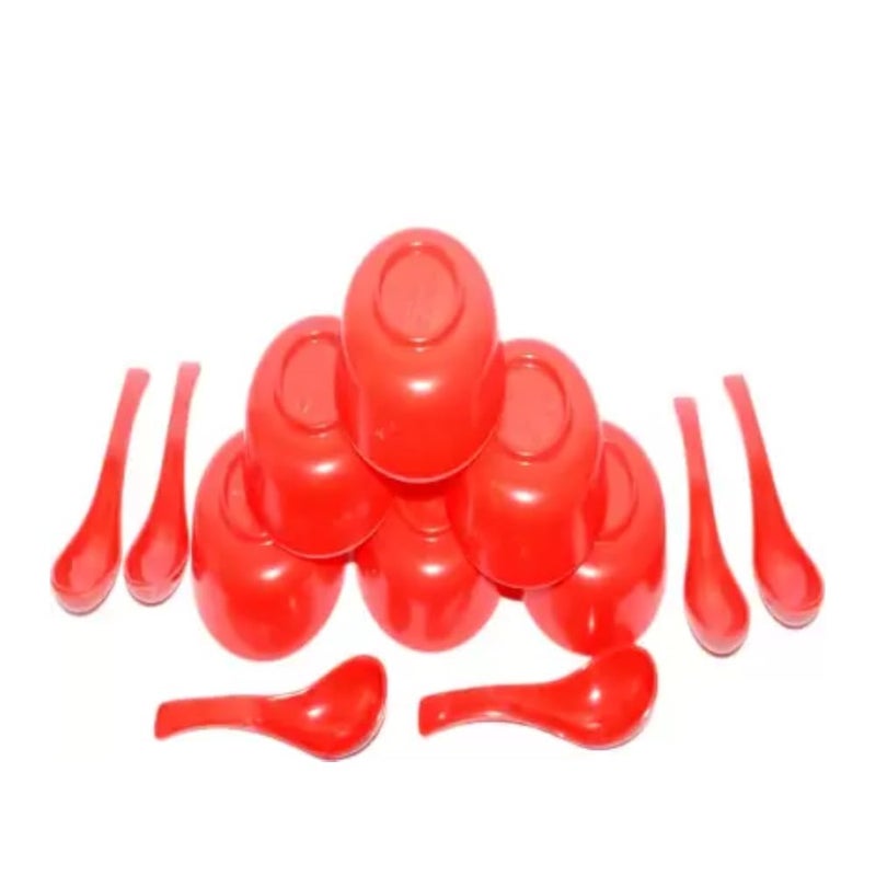 HPARY 6pcs Set Plastic Round Soup Bowl and Spoons - 4.25 inch | Set of 6 Bowls 500ml (Red Color) - Image 1