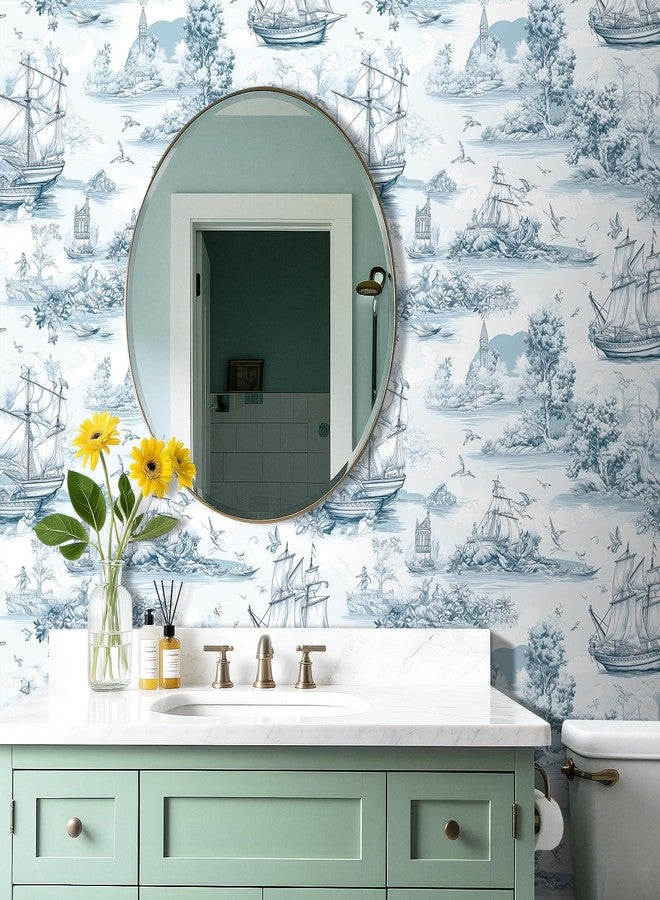 ReWallpaper ورق حائط ReWallpaper مقاس 17.5 بوصة × 23 قدمًا من قماش ريفي فرنسي قابل للتقشير واللصق باللونين الأزرق والأبيض العتيق وديكور جداري بحري مع منارة سفينة شراعية وورق حائط ذاتي اللصق لغرفة المعيشة وديكور غرفة الغسيل - Image 2