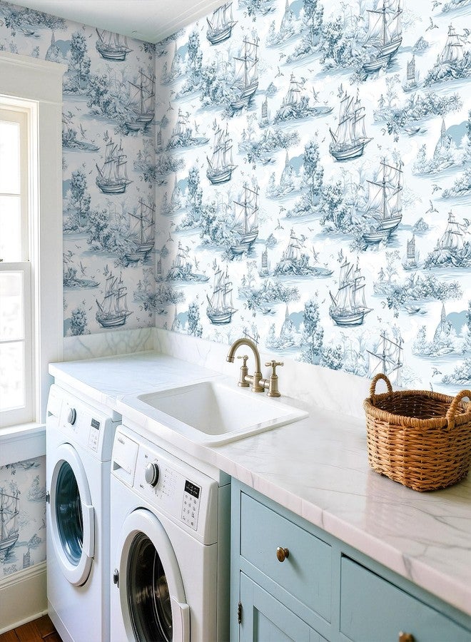 ReWallpaper ورق حائط ReWallpaper مقاس 17.5 بوصة × 23 قدمًا من قماش ريفي فرنسي قابل للتقشير واللصق باللونين الأزرق والأبيض العتيق وديكور جداري بحري مع منارة سفينة شراعية وورق حائط ذاتي اللصق لغرفة المعيشة وديكور غرفة الغسيل - Image 4