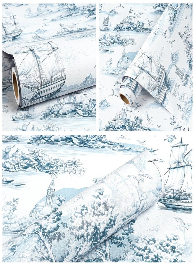 ReWallpaper ورق حائط ReWallpaper مقاس 17.5 بوصة × 23 قدمًا من قماش ريفي فرنسي قابل للتقشير واللصق باللونين الأزرق والأبيض العتيق وديكور جداري بحري مع منارة سفينة شراعية وورق حائط ذاتي اللصق لغرفة المعيشة وديكور غرفة الغسيل - Image 5