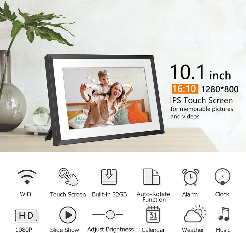 إطار صور رقمي واي فاي 32 جيجابايت 10.1 بوصة مع شاشة لمس IPS HD بدقة 1280x800، إرسال الصور أو مقاطع الفيديو عبر التطبيق أو البريد الإلكتروني، دعم محرك أقراص USB/بطاقة SD لتوسيع التخزين، تدوير تلقائي، قابل للتثبيت على الحائط - Image 2