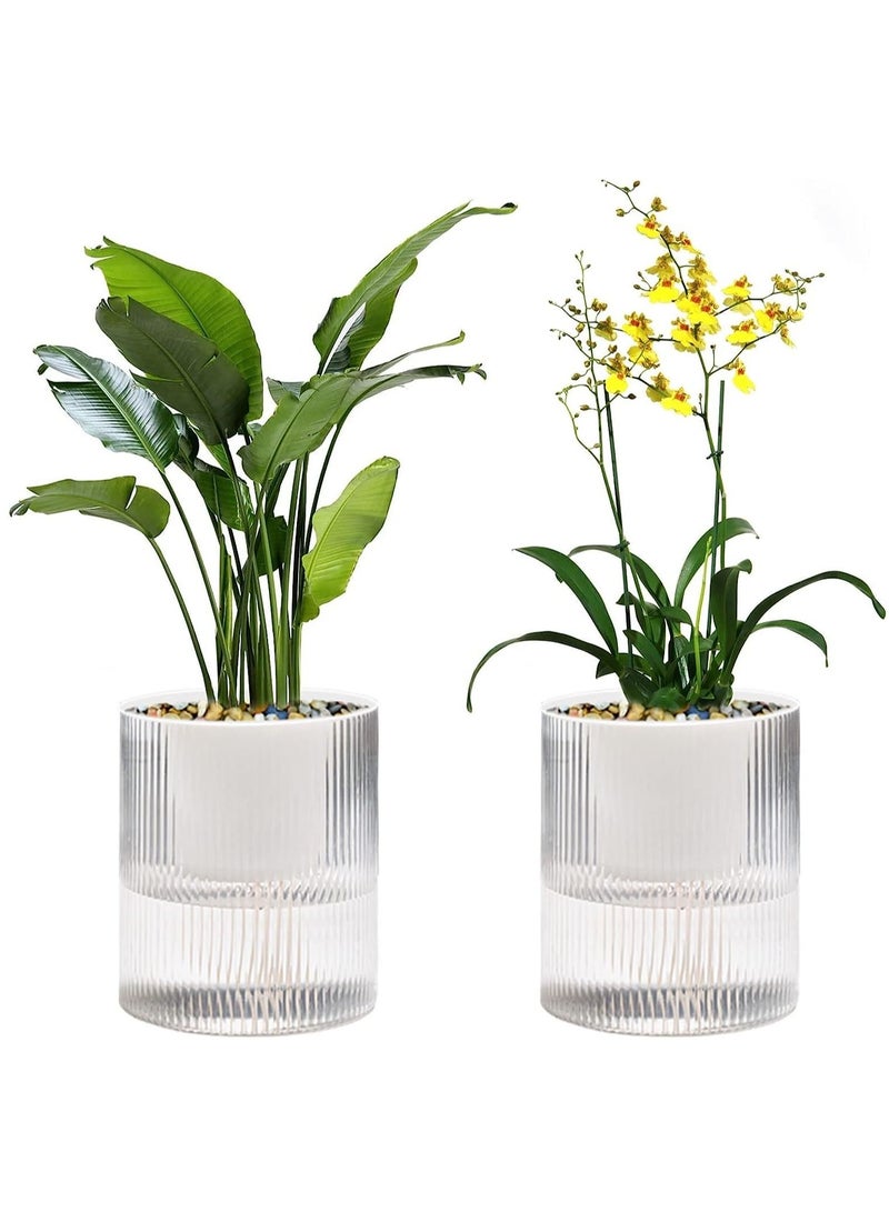 Generic Flower Pot Automatic Watering Flower 4-inch Indoor Planter Double-layer Transparent White Plastic Flowerpot Water Storage Family Cylindrical Rib Decoration Violet Orchid Aloe Herb Absorption Free - Image 1