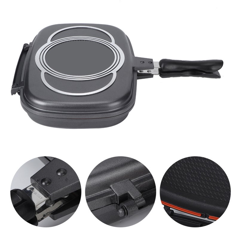 Double Sided Frying Pan: Cast Aluminum Body, Anti Scalding Handle - Silica Sealing Ring, 4000Gs Magnetic Lock Device Pressure Cooker Style Cookware for Home Outdoor Party Barbecue Stove Use - Image 1