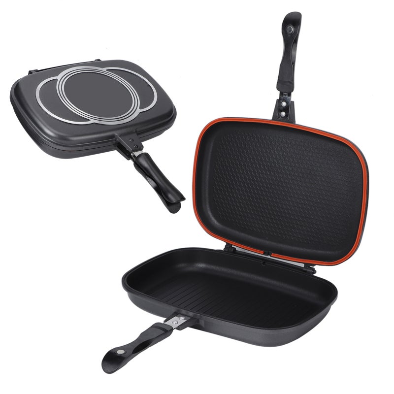 Double Sided Frying Pan: Cast Aluminum Body, Anti Scalding Handle - Silica Sealing Ring, 4000Gs Magnetic Lock Device Pressure Cooker Style Cookware for Home Outdoor Party Barbecue Stove Use - Image 3
