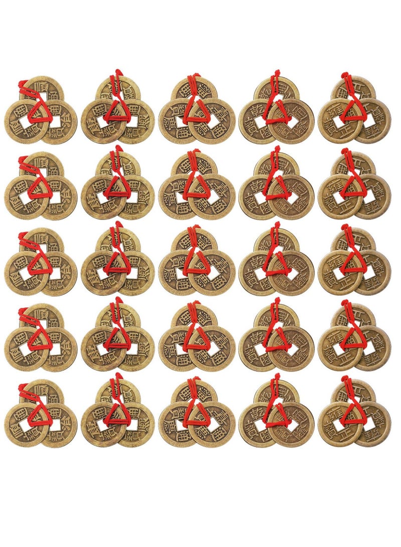 Chinese Fortune Coins Feng Shui Coins Lucky Coins I Ching Coins Traditional Red String Fortune Coins Chinese Ancient Coins Chinese New Year Fortune, Good Luck and Success (Set of 25, 1 Inch) - Image 1