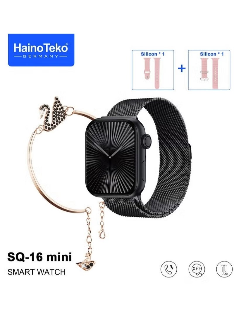 Haino Teko SQ-16 Mini Series 10 AMOLED Display Smart Watch with Stylish Bracelet. 3 Pairs of Straps, and Charging Cable – Designed for Ladies – Black - Image 1