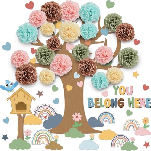 Justforjoyful Boho Tree Classroom Bulletin Board Set with 3D Tissue Paper Flower You Belong Here Classroom Decorations Boho Rainbow Heart Paper Cutouts for Back to School Chalkboard Nursery Home Door Wall Decor - Image 1