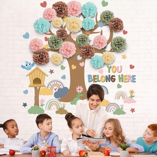 Justforjoyful Boho Tree Classroom Bulletin Board Set with 3D Tissue Paper Flower You Belong Here Classroom Decorations Boho Rainbow Heart Paper Cutouts for Back to School Chalkboard Nursery Home Door Wall Decor - Image 5