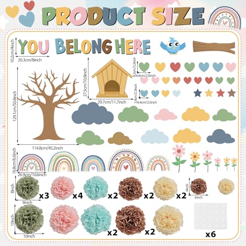 Justforjoyful Boho Tree Classroom Bulletin Board Set with 3D Tissue Paper Flower You Belong Here Classroom Decorations Boho Rainbow Heart Paper Cutouts for Back to School Chalkboard Nursery Home Door Wall Decor - Image 2