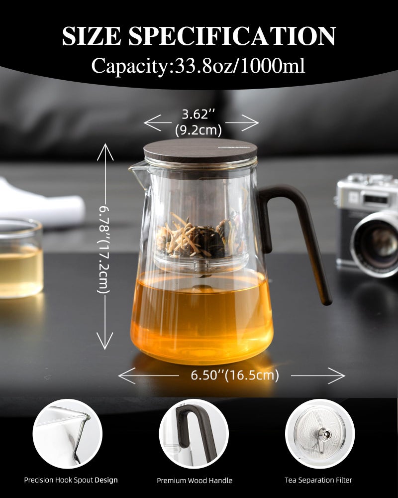 ZENS Magnetic Tea Pot, Large Enchanted Glass Teapot with Infuser and Magnetic Suction Lid for Mess-Free Loose Tea Diffusers, Black Walnut Pattern Handle, Tea Lovers Gifts - Image 4