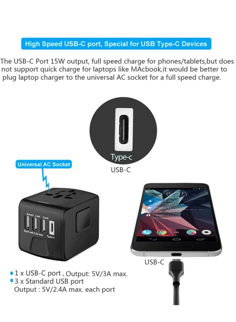Universal International Travel Power Adapter W/High Speed 2.4A USB, 3.0A Type-C Wall Charger, European Adapter, Worldwide AC Outlet Plugs Adapters for Europe, UK, US, AU, Asia-Black - Image 3