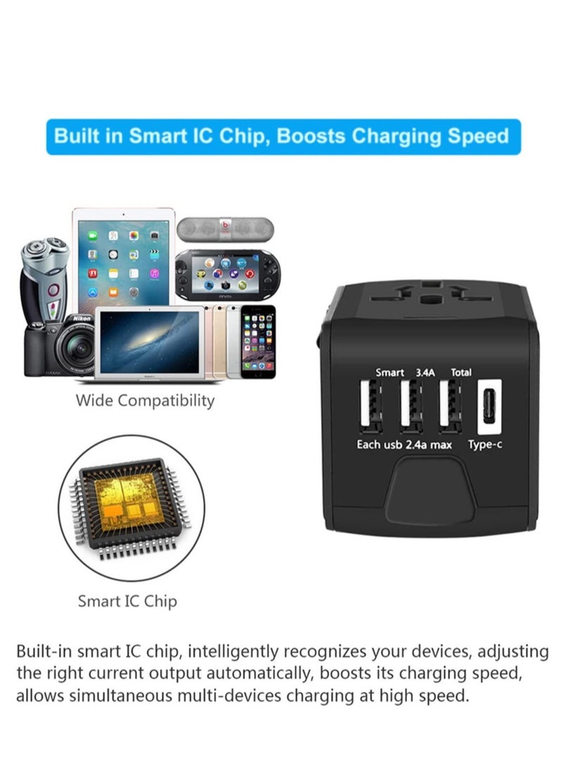 Universal International Travel Power Adapter W/High Speed 2.4A USB, 3.0A Type-C Wall Charger, European Adapter, Worldwide AC Outlet Plugs Adapters for Europe, UK, US, AU, Asia-Black - Image 5