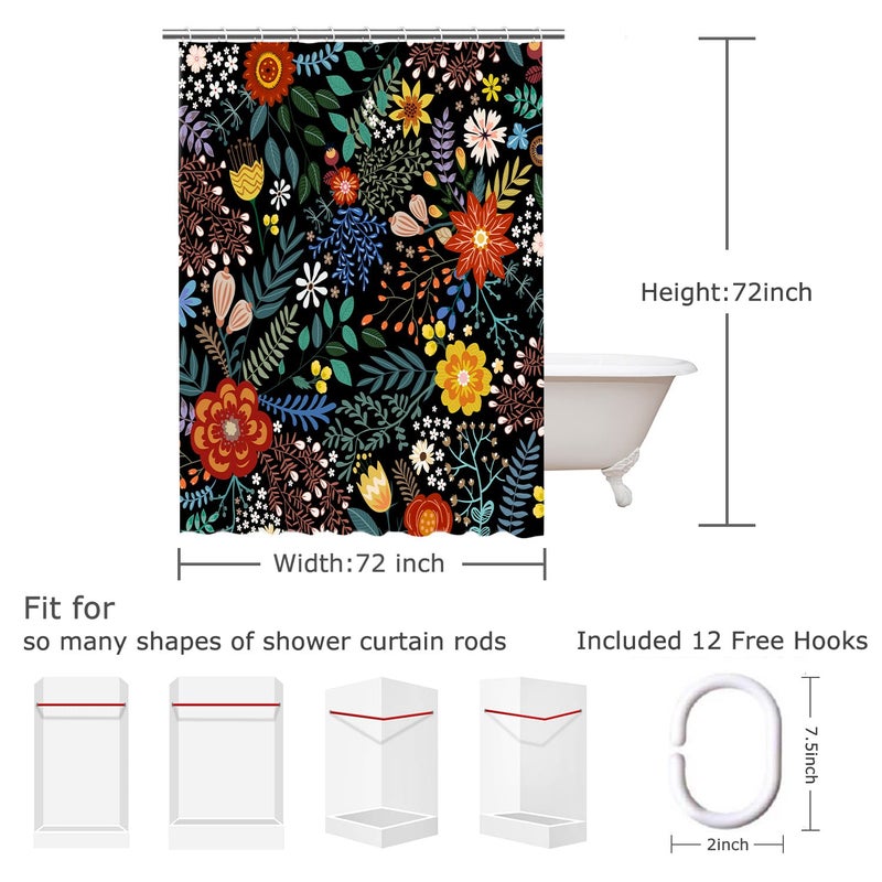 LIVILAN Black Floral Shower Curtain for Bathroom Flower Shower Curtain Dark Shower Curtains Colorful Unique Boho Shower Curtain Set with 12 Hooks, 72W x72 H - Image 5