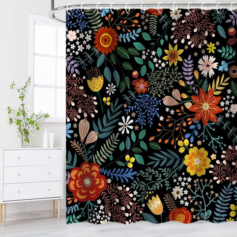 LIVILAN Black Floral Shower Curtain for Bathroom Flower Shower Curtain Dark Shower Curtains Colorful Unique Boho Shower Curtain Set with 12 Hooks, 72W x72 H - Image 3