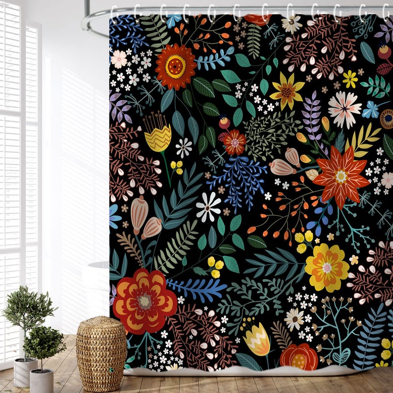 LIVILAN Black Floral Shower Curtain for Bathroom Flower Shower Curtain Dark Shower Curtains Colorful Unique Boho Shower Curtain Set with 12 Hooks, 72W x72 H - Image 1