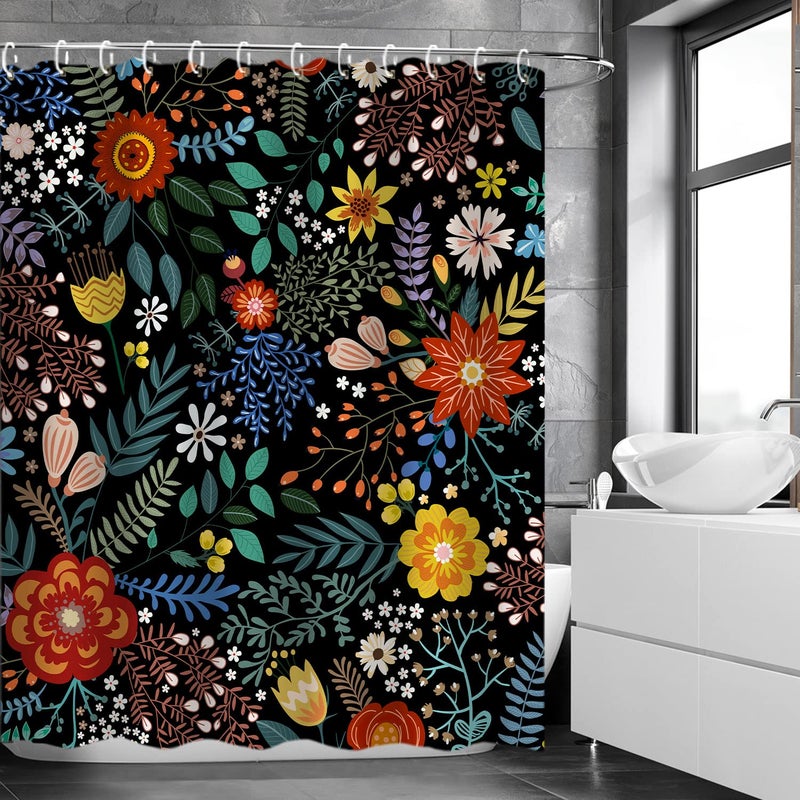 LIVILAN Black Floral Shower Curtain for Bathroom Flower Shower Curtain Dark Shower Curtains Colorful Unique Boho Shower Curtain Set with 12 Hooks, 72W x72 H - Image 2