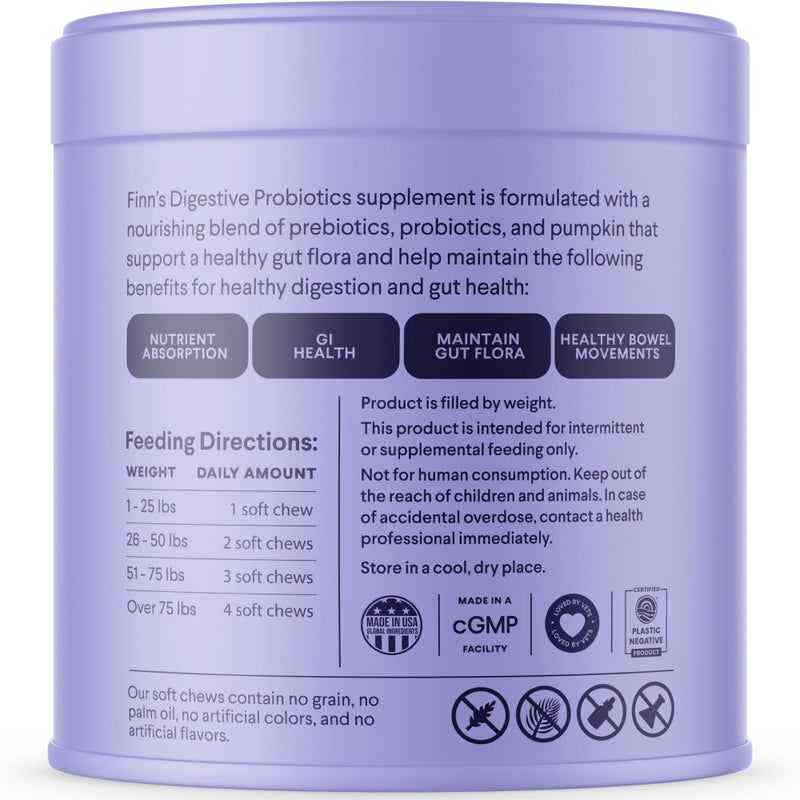 Finn Digestive Probiotics for Dogs - Complete Digestive System Support with Pumpkin, Prebiotics, & Live Probiotics - Vet Recommended & Made in The USA - 90 Soft Chews - Image 5