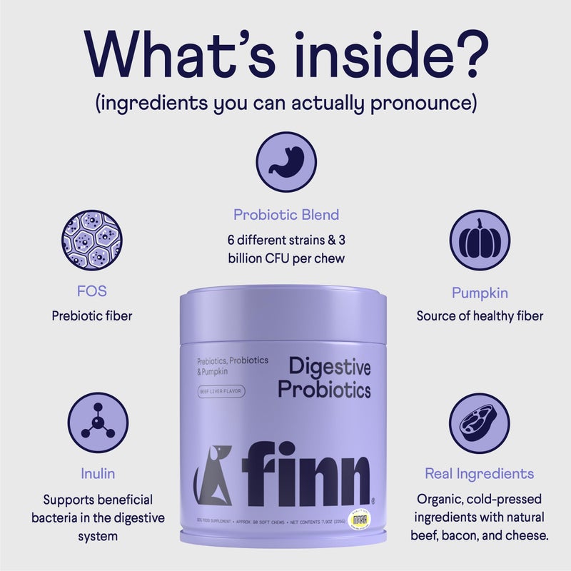 Finn Digestive Probiotics for Dogs - Complete Digestive System Support with Pumpkin, Prebiotics, & Live Probiotics - Vet Recommended & Made in The USA - 90 Soft Chews - Image 3