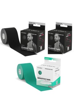 Kintex Kintex Kinesiology Tape Classic 5 cm x 5 m Physio Tape Elastic Waterproof (BUNDLE OF 3) - 2 pieces black tape + 1 piece green sensitive tape  - Image 1