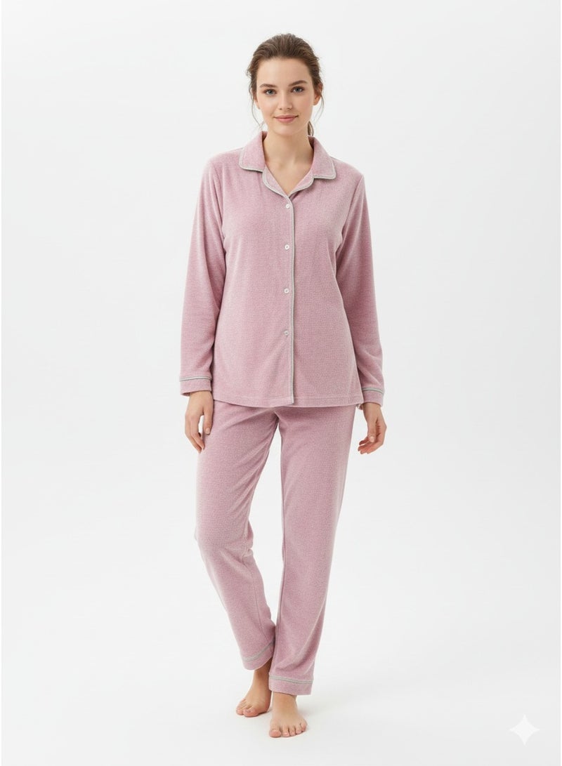 زيكوتكس  طقم بيجامة قطيفة نسائي قطعتين بياقة كلاسيكية وأزرار - ناعمة ودافئة - لون وردي مغبر (Dusty Rose) - Image 1