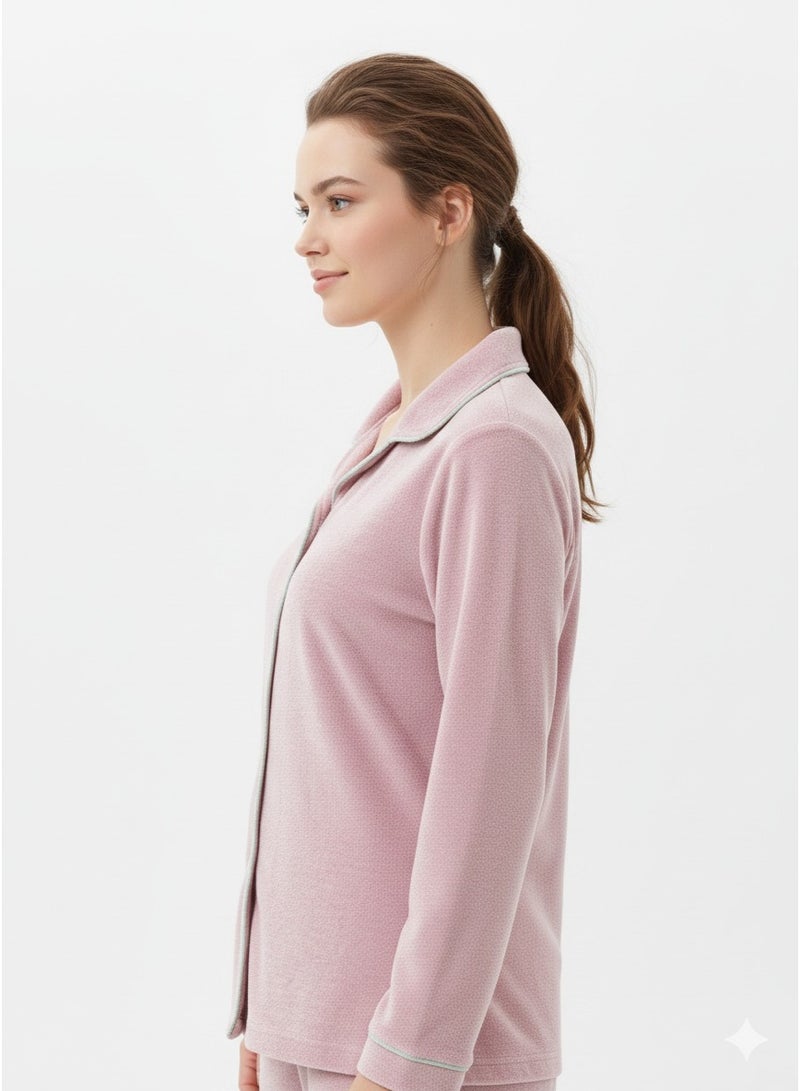 زيكوتكس  طقم بيجامة قطيفة نسائي قطعتين بياقة كلاسيكية وأزرار - ناعمة ودافئة - لون وردي مغبر (Dusty Rose) - Image 3