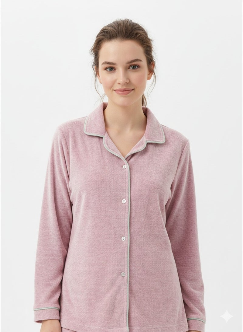 زيكوتكس  طقم بيجامة قطيفة نسائي قطعتين بياقة كلاسيكية وأزرار - ناعمة ودافئة - لون وردي مغبر (Dusty Rose) - Image 4