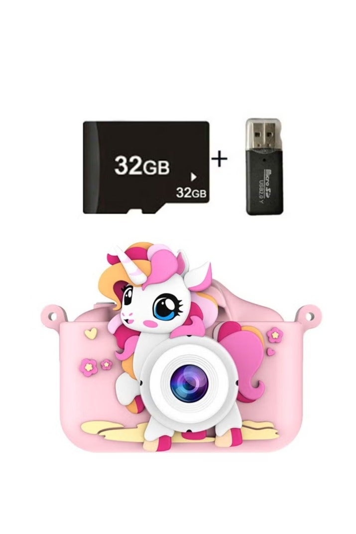 Kids Camera,1080P HD Digital Video Camera Toy for 3-12 Year Old Boys/Girls, Birthday Festival Gifts for Kids,USB Rechargeable Kids Selfie Camera with 32GB SD Card and card reader（Pink Unicorn） - Image 1