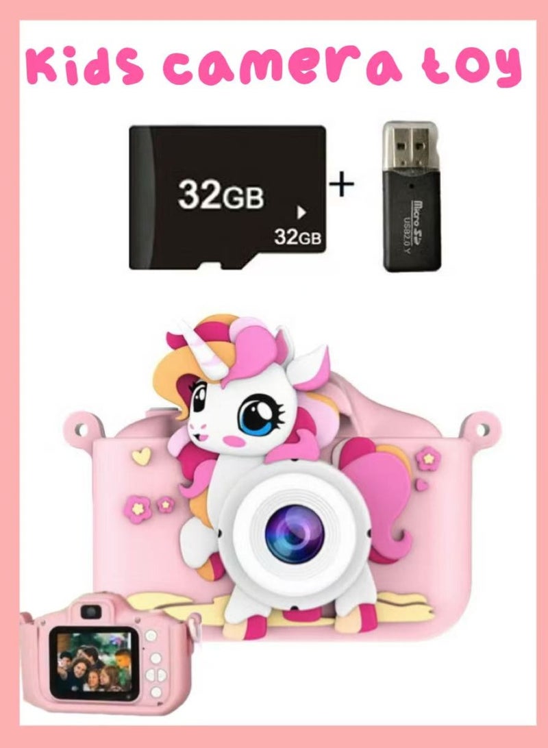 كاميرا لعبة للأطفال، كاميرا رقمية للأطفال الصغار، كاميرا رقمية محمولة مع فيديو، للأولاد والبنات من سن 3 إلى 12 عامًا، هدية عيد ميلاد للأطفال، مع بطاقة SD سعة 32 جيجابايت وقارئ USB (وحيد القرن الوردي) - Image 1