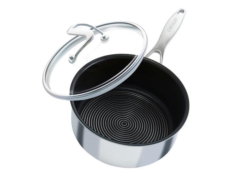 Circulon Clad Stainless Steel Saucepan with Glass Lid and Hybrid SteelShield and Nonstick Technology 2 Quart  Silver