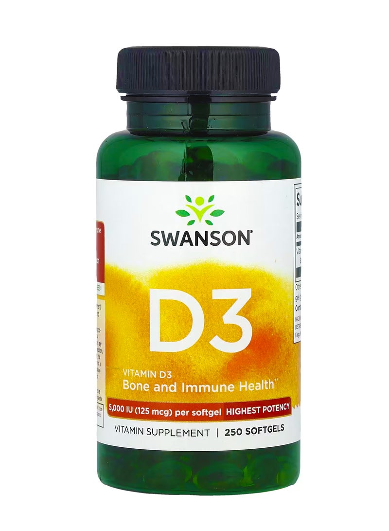 سوانسون فيتامين د 3  أعلى فعالية  125 مكجم  (5000 وحدة دولية)  250 كبسولة هلامية