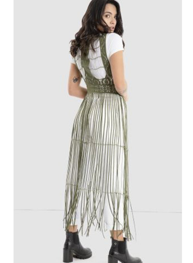 Women olive green net opened vest kimono maxi fringed  - Image 1