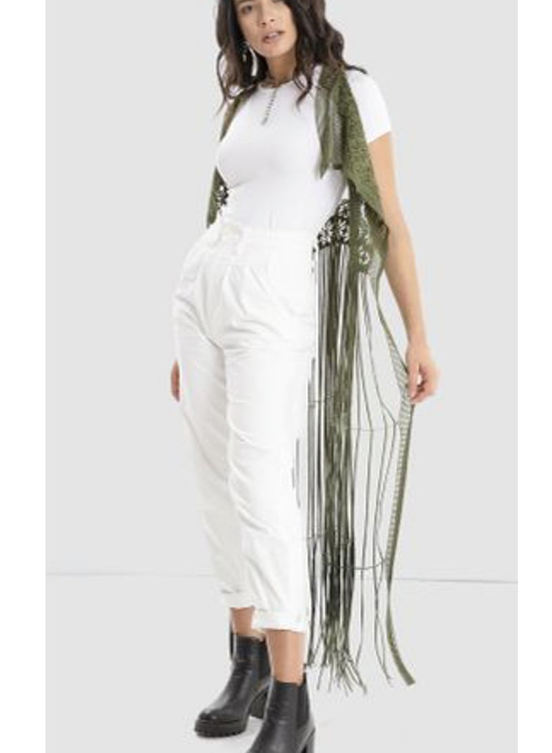 Women olive green net opened vest kimono maxi fringed  - Image 2