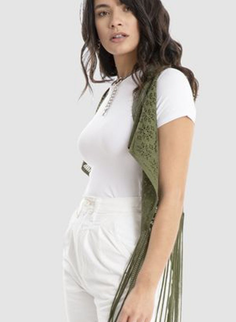 Women olive green net opened vest kimono maxi fringed  - Image 3
