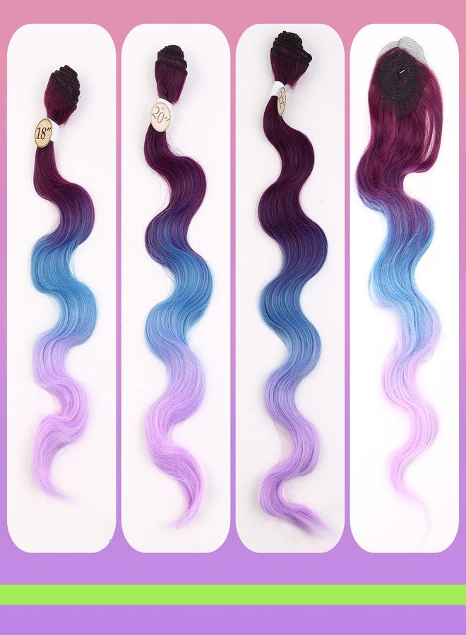 HANNE 3 Tone Ombre Purple Blue Body Wave Hair Extensions with Closure 3 Bundles Synthetic Hair Bundles (Purple & Blue& Light Purple) - Image 3
