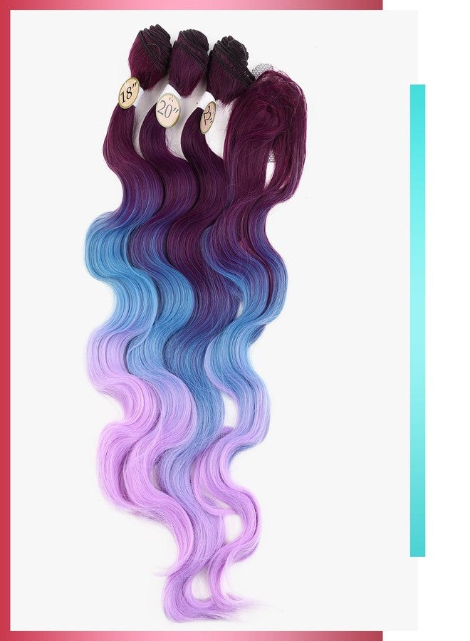 HANNE 3 Tone Ombre Purple Blue Body Wave Hair Extensions with Closure 3 Bundles Synthetic Hair Bundles (Purple & Blue& Light Purple) - Image 4