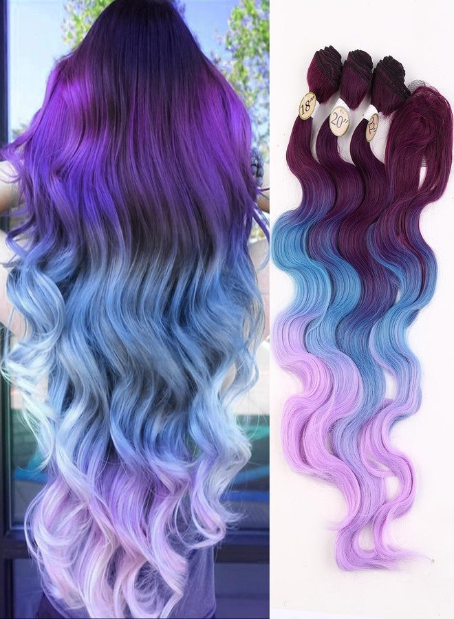 HANNE 3 Tone Ombre Purple Blue Body Wave Hair Extensions with Closure 3 Bundles Synthetic Hair Bundles (Purple & Blue& Light Purple) - Image 1