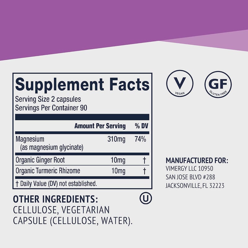 Vimergy Magnesium Glycinate  Stress Support  Chelated to Avoid Tummy Upset Promotes Heart Health  Energy Kosher Vegan GlutenFree  180 Caps - Image 4