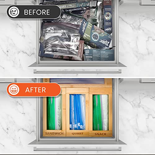 mHomeBilt منظم تخزين الحقائب mHomeAid - حامل أكياس الطعام البلاستيكية من الخيزران، موزع وحاوية لدرج المطبخ - يناسب أكياس Ziplock وZiploc بحجم جالون، ربع، ساندويتش ووجبات خفيفة (خيزران) - Image 2