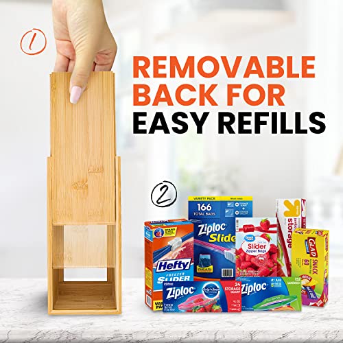 mHomeBilt منظم تخزين الحقائب mHomeAid - حامل أكياس الطعام البلاستيكية من الخيزران، موزع وحاوية لدرج المطبخ - يناسب أكياس Ziplock وZiploc بحجم جالون، ربع، ساندويتش ووجبات خفيفة (خيزران) - Image 5