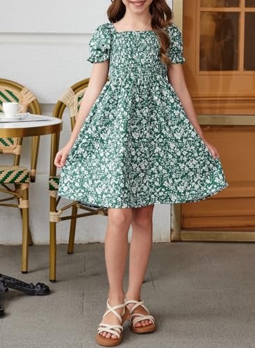blibean Tween Girls Summer Dresses Big Kids Boho Clothes Floral Dress Toddler Outfits Short Sleeve Ruffled Clothing Vestidos Niñas Size 8-9 Years Large Flower Green - Image 4