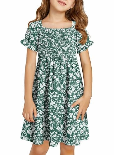 blibean Tween Girls Summer Dresses Big Kids Boho Clothes Floral Dress Toddler Outfits Short Sleeve Ruffled Clothing Vestidos Niñas Size 8-9 Years Large Flower Green - Image 1