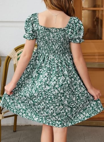 blibean Tween Girls Summer Dresses Big Kids Boho Clothes Floral Dress Toddler Outfits Short Sleeve Ruffled Clothing Vestidos Niñas Size 8-9 Years Large Flower Green - Image 3