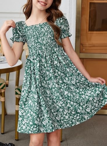 blibean Tween Girls Summer Dresses Big Kids Boho Clothes Floral Dress Toddler Outfits Short Sleeve Ruffled Clothing Vestidos Niñas Size 8-9 Years Large Flower Green - Image 2