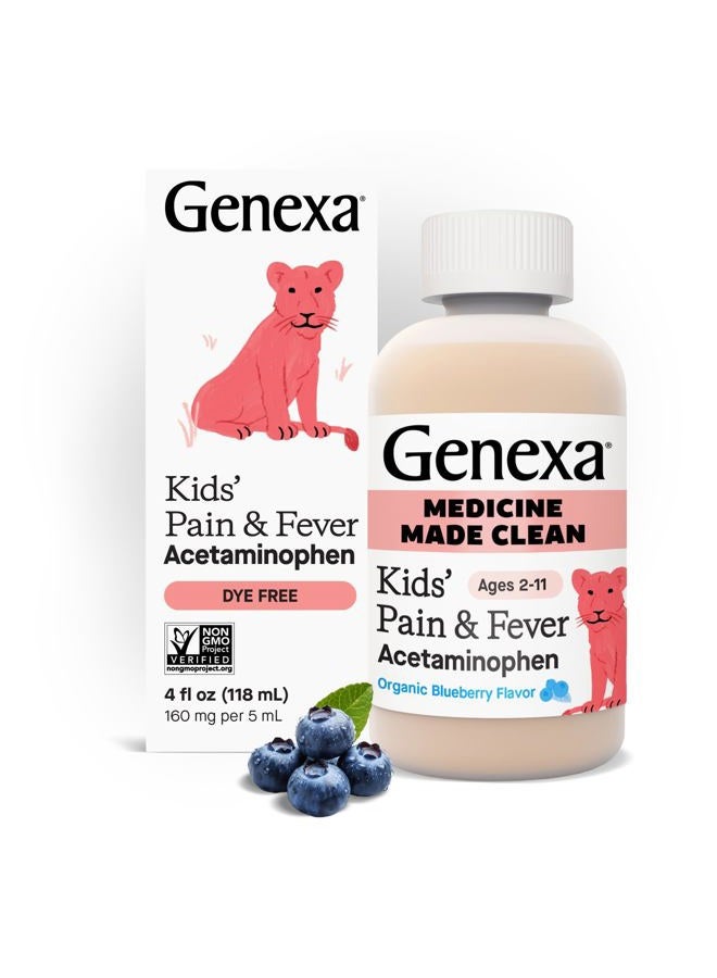 Genexa Children's Clean Acetaminophen | Pediatrician Preferred Ingredients | Pain & Fever Reducer for Kids | Dye Free, 0% Artificial Additives | Ages 2-11, Delicious Organic Blueberry Liquid, 4 fl oz - Image 1