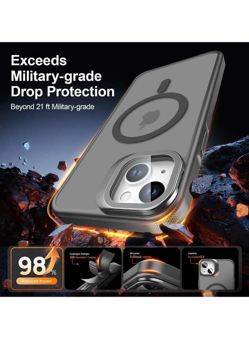 حافظة بمسند لهاتف iPhone 13/14 مقاس 6.1 بوصة، حامل كاميرا مدمج قابل للتعديل، حماية من السقوط بدرجة عسكرية، غطاء خلفي شفاف غير لامع مقاوم للصدمات من التيتانيوم