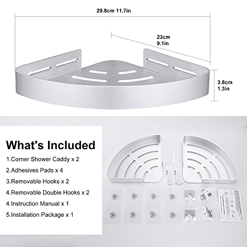 DUFU Adhesive Corner Shower Caddy with Hooks,Bathroom Shower Organizer, No Drilling Rust Proof Aluminum Shower Shelf for Inside Shower 2 Pack (Silver) - Image 5