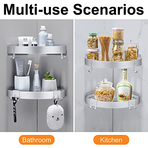 DUFU Adhesive Corner Shower Caddy with Hooks,Bathroom Shower Organizer, No Drilling Rust Proof Aluminum Shower Shelf for Inside Shower 2 Pack (Silver) - Image 4