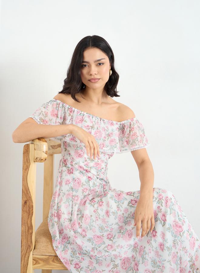 Styli Floral Off Shoulder Neck Maxi Dress - Image 1