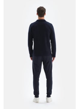 dagi Navy Blue Striped Garnished Polo Neck Half Placket Sweatshirt  - Image 1