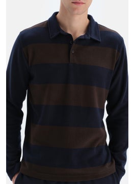 dagi Navy Blue Striped Garnished Polo Neck Half Placket Sweatshirt  - Image 4
